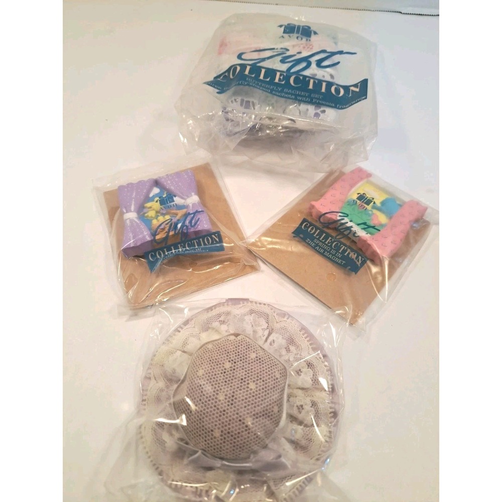 Vtg Avon Spring Gift Collection Bundle Butterfly Sachet, Bonnet Sachet 2 Magnets